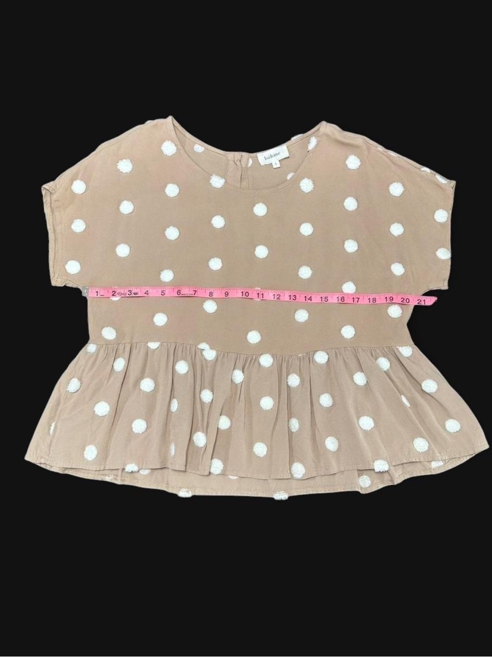 🌸 Boho Beige Pom Pom Peplum Top Sz S ✨ - Picture 6 of 7